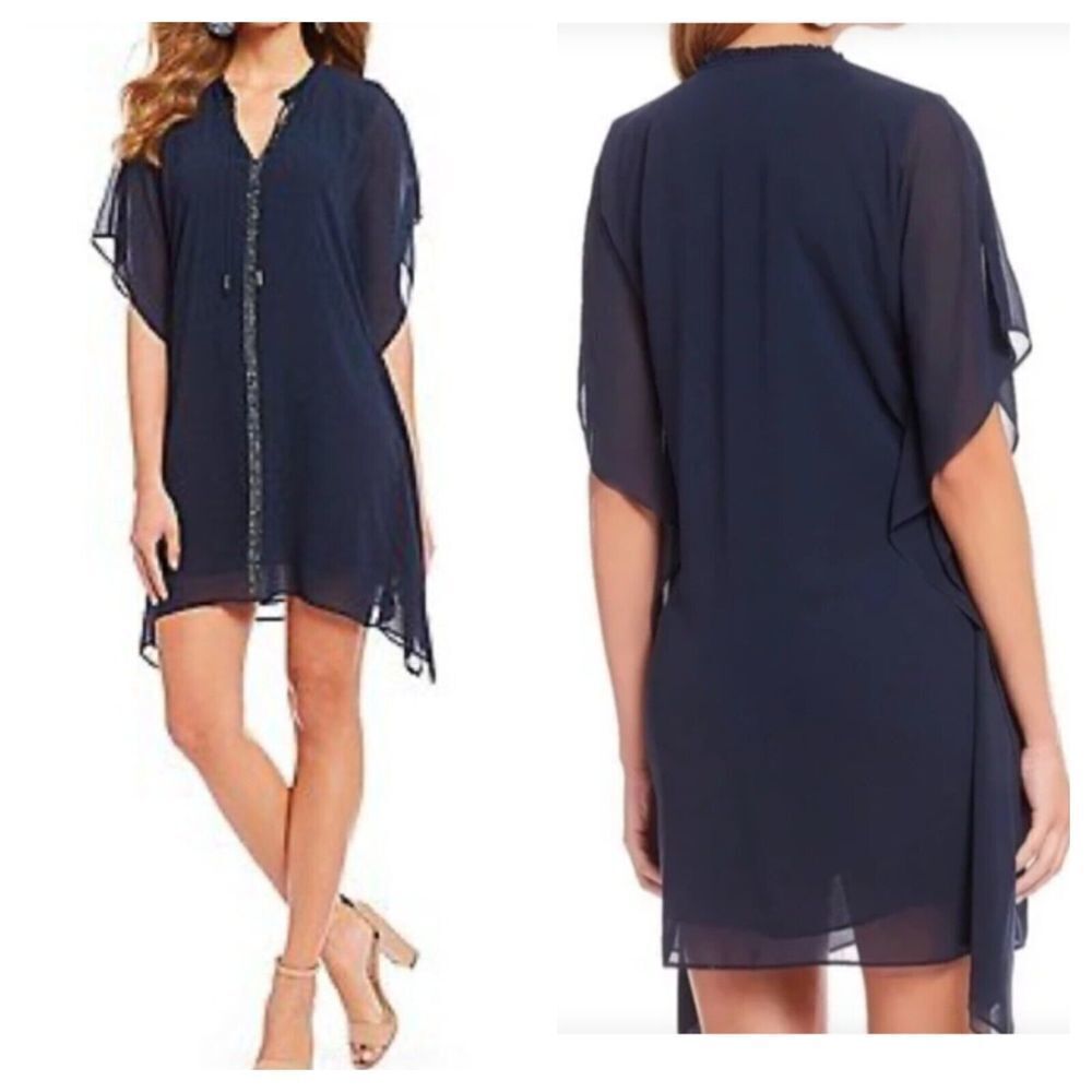 BELLE BADGLEY MISCHKA Faye Mini Tunic Dress Sheer Flowy Navy Blue Lined M